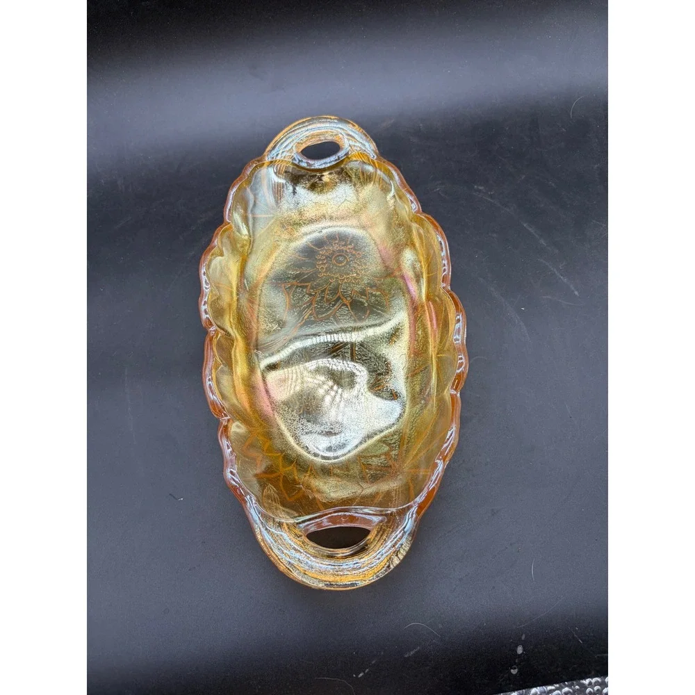 Vintage Marigold Carnival Glass Sunflower Relish Dish Iridescent Amber Bowl‎